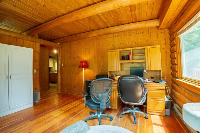 5228 Sophie Lake Rd, Eureka, MT 59917 - office with log walls, light wood-type flooring, wood ceiling with exposed beams, wooden walls, and a baseboard heating unit