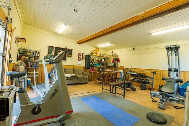 5228 Sophie Lake Rd, Eureka, MT 59917 - workout room with wainscoting, wood finished floors, wood walls, and wood ceiling