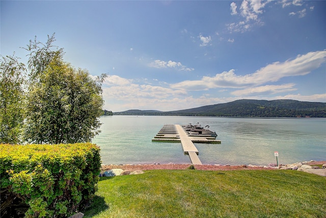 1750 E Lakeshore Dr Unit 203, Whitefish, MT 59937 - dock area with a water and mountain view and a yard