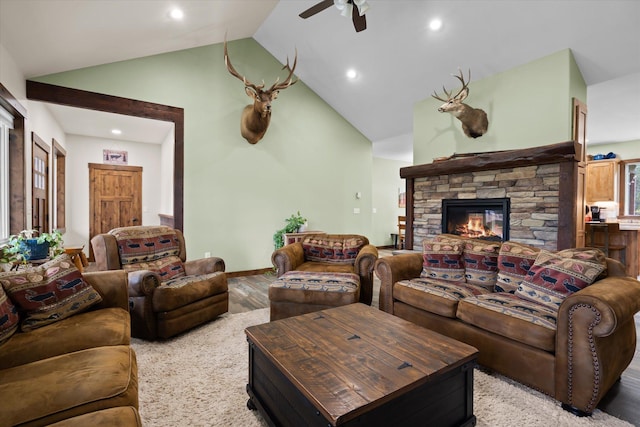 388 Cherry Creek Rd, Thompson Falls, MT 59873 - living area with ceiling fan, a fireplace, high vaulted ceiling, light wood-type flooring, and recessed lighting