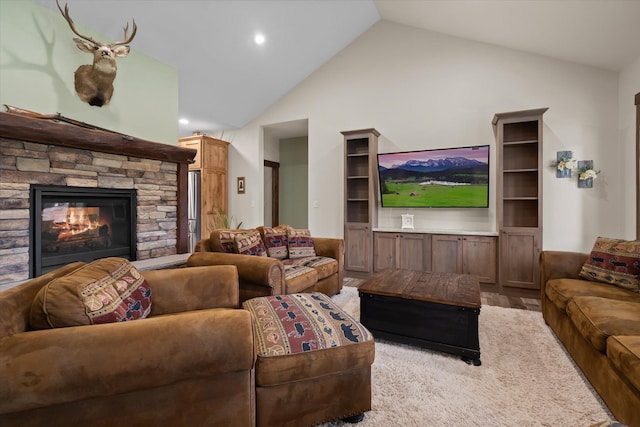 388 Cherry Creek Rd, Thompson Falls, MT 59873 - living room with a fireplace, high vaulted ceiling, and recessed lighting