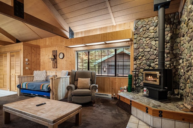 3700 Glen Lake Rd, Eureka, MT 59917 - living room with a wood stove, wood walls, carpet, baseboard heating, and wooden ceiling