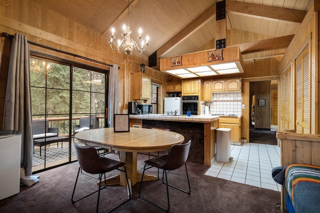 3700 Glen Lake Rd, Eureka, MT 59917 - dining room featuring wooden walls, a chandelier, light carpet, high vaulted ceiling, and a wooden ceiling with exposed beams