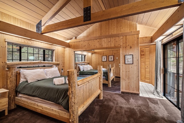 3700 Glen Lake Rd, Eureka, MT 59917 - carpeted bedroom featuring multiple windows, wood walls, and wood ceiling