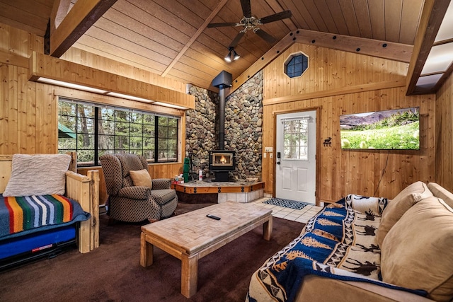 3700 Glen Lake Rd, Eureka, MT 59917 - living room featuring wooden walls, a wood stove, wood ceiling, ceiling fan, and carpet floors