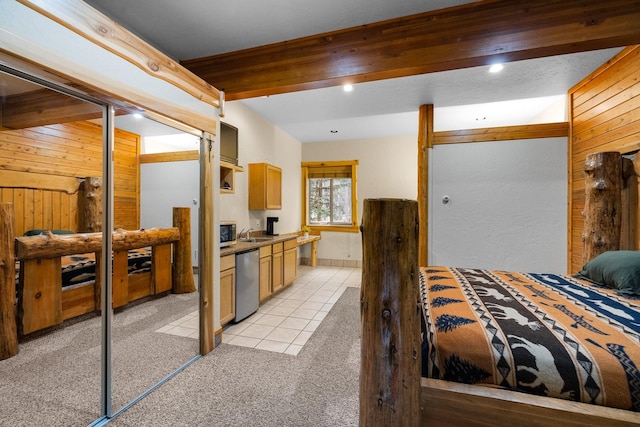 3700 Glen Lake Rd, Eureka, MT 59917 - bedroom featuring light colored carpet, wooden walls, beamed ceiling, recessed lighting, and light tile patterned flooring