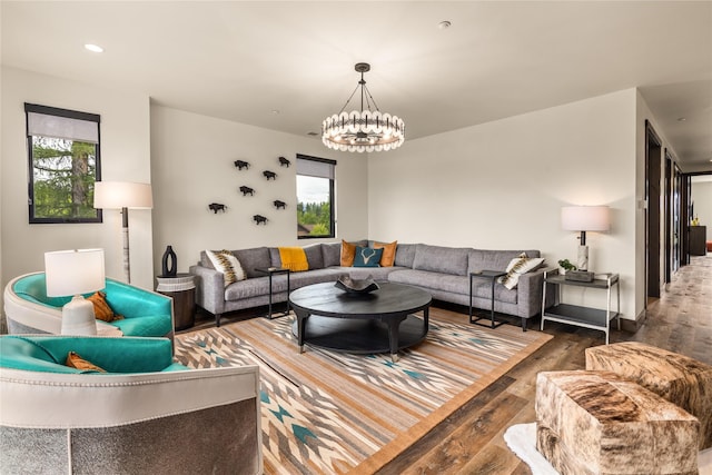 317 Akers Ln Unit H, Whitefish, MT 59937 - living area with wood finished floors, a chandelier, and recessed lighting