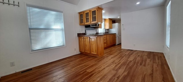 20795 Whispering Pines Rd, Missoula, MT 59808 - kitchen with freestanding refrigerator, dark wood finished floors, dark countertops, brown cabinets, and glass insert cabinets