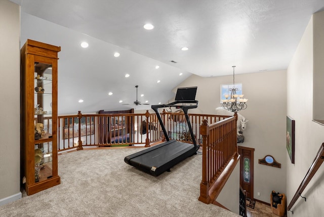 8 Primrose Ct, Kalispell, MT 59901 - exercise room with a ceiling fan, a chandelier, carpet floors, lofted ceiling, and recessed lighting