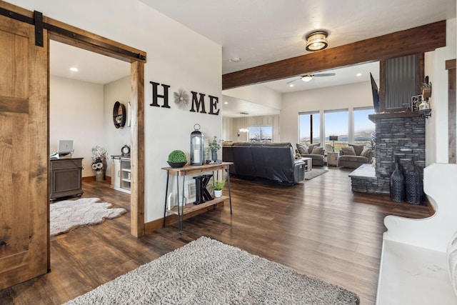2650 W Valley Dr, Kalispell, MT 59901 - living room with a ceiling fan, dark wood-style flooring, recessed lighting, and visible vents