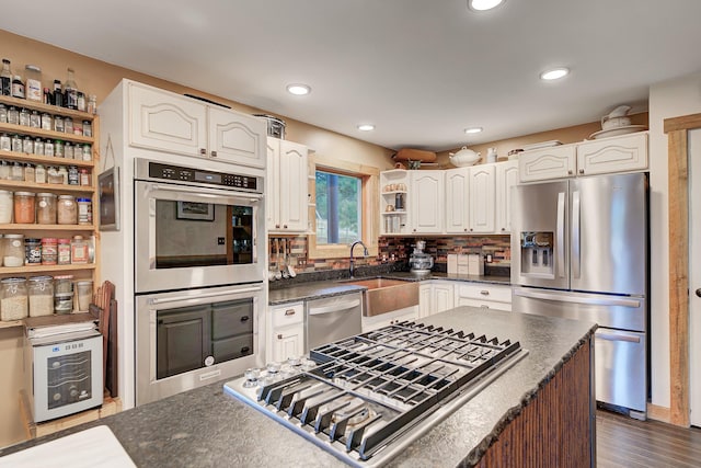 5 Alpine Valley Ln, Clancy, MT 59634 - kitchen featuring stainless steel appliances, open shelves, white cabinetry, recessed lighting, and dark wood-style flooring