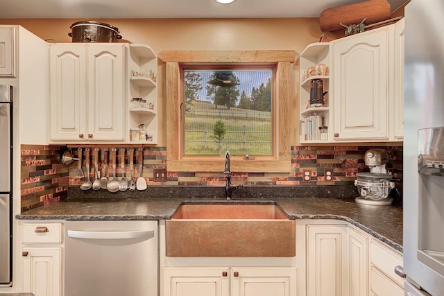 5 Alpine Valley Ln, Clancy, MT 59634 - kitchen with dishwasher, freestanding refrigerator, open shelves, dark stone counters, and decorative backsplash