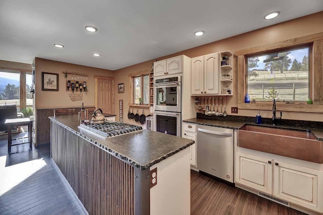 5 Alpine Valley Ln, Clancy, MT 59634 - kitchen featuring appliances with stainless steel finishes, dark countertops, dark wood-style floors, plenty of natural light, and recessed lighting