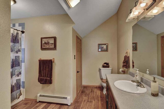 5 Alpine Valley Ln, Clancy, MT 59634 - bathroom with a baseboard heating unit, wood finished floors, vanity, a shower with shower curtain, and lofted ceiling