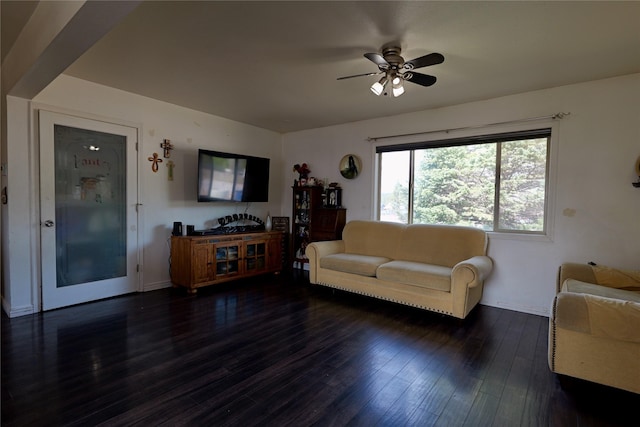 261 Locust Ln, Seeley Lake, MT 59868 - living room with ceiling fan and dark wood-style flooring