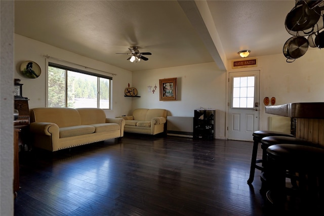 261 Locust Ln, Seeley Lake, MT 59868 - living area featuring a ceiling fan and dark wood-style flooring