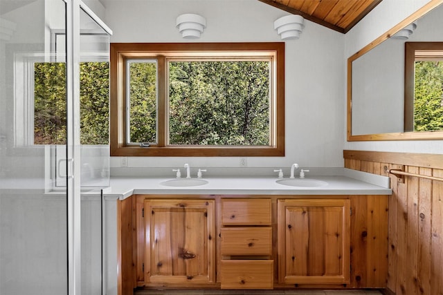 2041 Sleeping Child Rd, Hamilton, MT 59840 - bathroom with lofted ceiling and double vanity