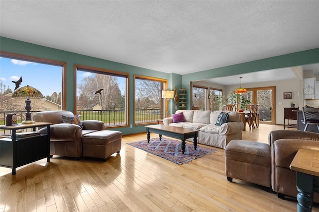 living area featuring a textured ceiling and light wood-style floors