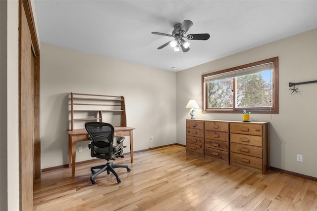 office area featuring light wood-type flooring, baseboards, and a ceiling fan