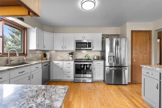 kitchen with light stone countertops, tasteful backsplash, white cabinetry, a sink, and stainless steel appliances
