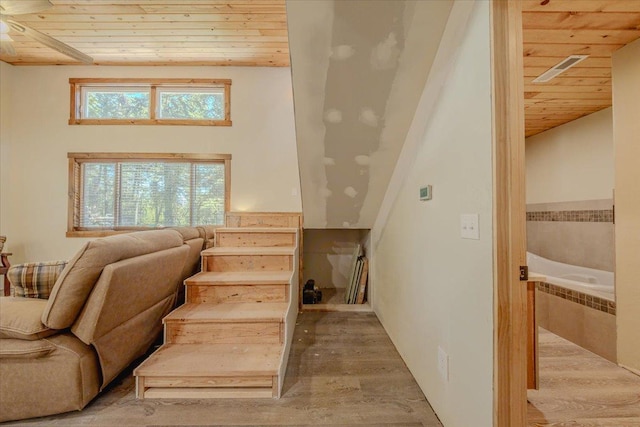 1365 Bierney Creek Rd, Lakeside, MT 59922 - staircase with wooden ceiling, wood finished floors, and lofted ceiling
