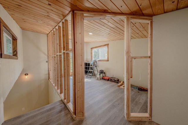 1365 Bierney Creek Rd, Lakeside, MT 59922 - hallway featuring wood finished floors, wood ceiling, and lofted ceiling
