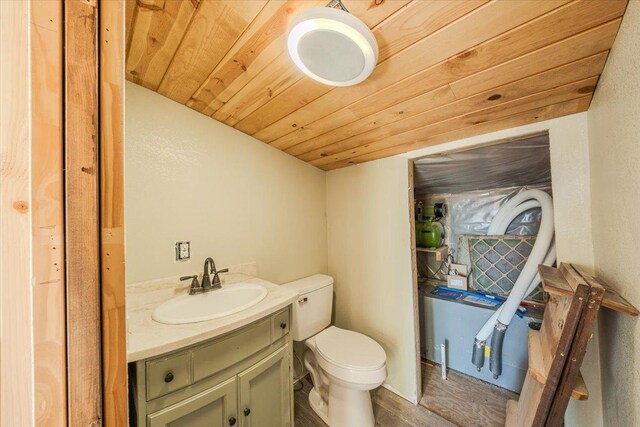 1365 Bierney Creek Rd, Lakeside, MT 59922 - half bath featuring wood ceiling, vanity, and wood finished floors