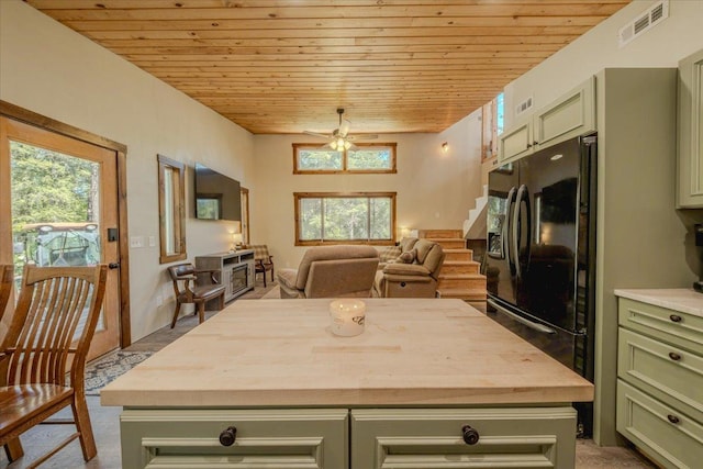1365 Bierney Creek Rd, Lakeside, MT 59922 - kitchen featuring green cabinets, wooden ceiling, black fridge, ceiling fan, and healthy amount of natural light