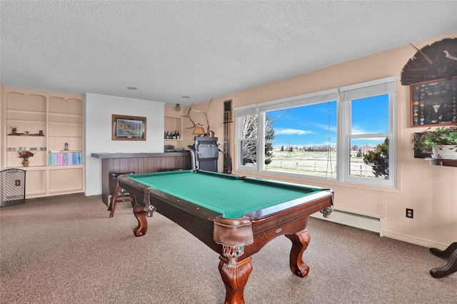 game room with a textured ceiling, a baseboard heating unit, pool table, and carpet