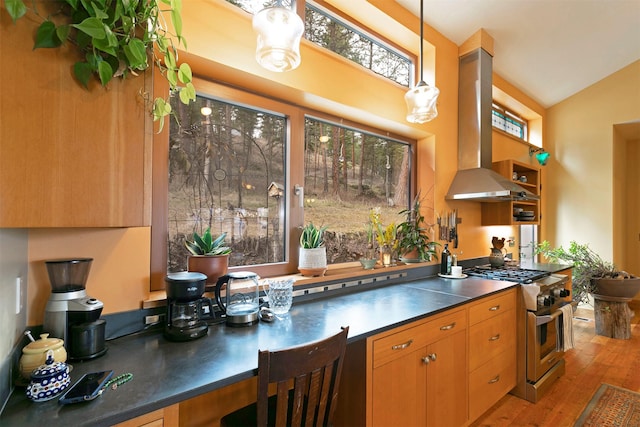 kitchen with dark countertops, wood finished floors, island range hood, high end stainless steel range, and hanging light fixtures