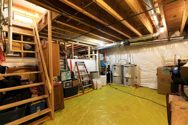 unfinished basement featuring water heater
