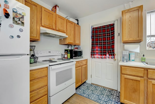 kitchen with a sink, light countertops, white appliances, and under cabinet range hood
