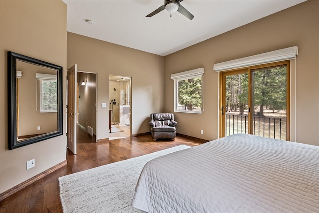 1636 Lake Blaine Rd, Kalispell, MT 59901 - bedroom featuring access to outside, wood finished floors, baseboards, and connected bathroom