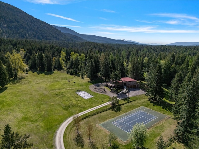 1636 Lake Blaine Rd, Kalispell, MT 59901 - aerial view of property and surrounding area with a forest and mountains