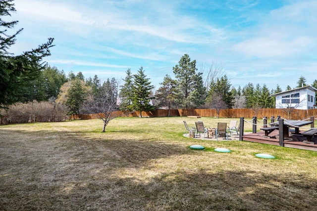 view of yard with a fenced backyard and a wooden deck