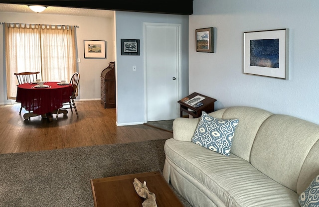 living area with baseboards and wood finished floors