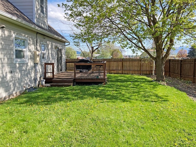 view of yard with a fenced backyard and a wooden deck