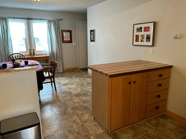 kitchen with baseboards, a peninsula, and a textured ceiling