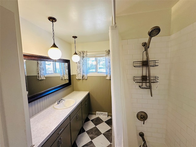 767 33rd Ave NE, Great Falls, MT 59404 - full bath with vanity, a wainscoted wall, and shower / bath combination with curtain