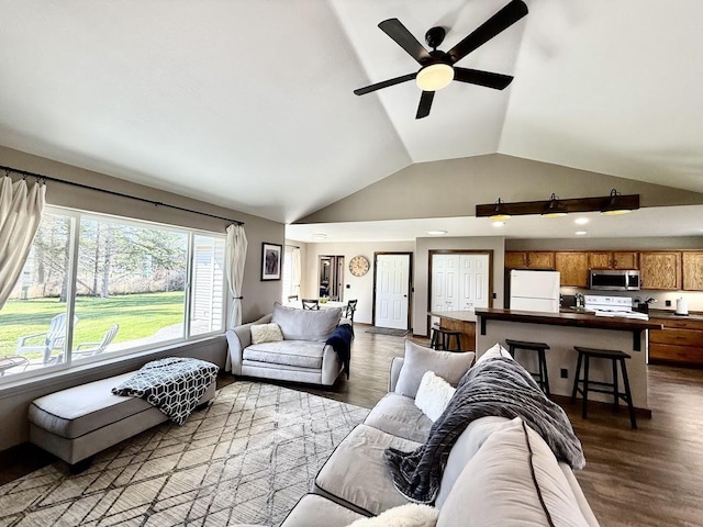992 Trumble Creek Rd, Kalispell, MT 59901 - living area with vaulted ceiling, wood finished floors, and ceiling fan