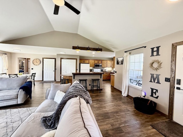 992 Trumble Creek Rd, Kalispell, MT 59901 - living room featuring vaulted ceiling, a ceiling fan, and dark wood finished floors