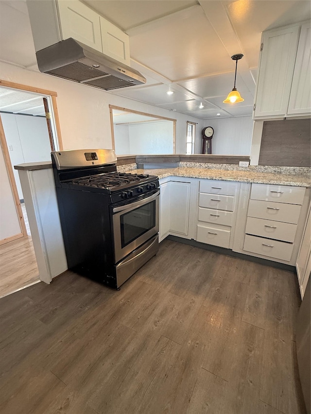 3805 7th St NE Unit 26, Great Falls, MT 59404 - kitchen with under cabinet range hood, dark wood-type flooring, stainless steel gas stove, and white cabinetry