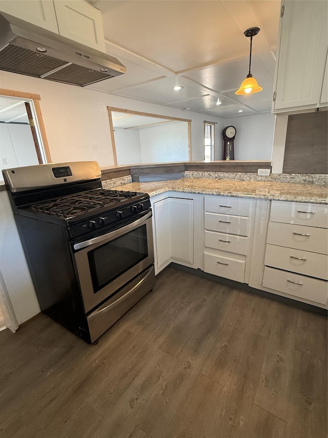 3805 7th St NE Unit 26, Great Falls, MT 59404 - kitchen featuring dark wood-type flooring, white cabinetry, stainless steel gas stove, and under cabinet range hood