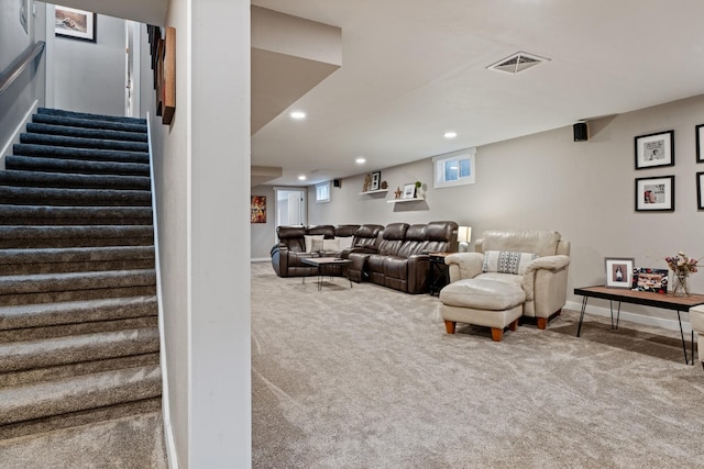 2324 Cloverdale Dr, Missoula, MT 59803 - living room featuring stairs, carpet floors, and recessed lighting