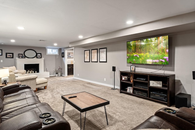 2324 Cloverdale Dr, Missoula, MT 59803 - living room with carpet, recessed lighting, and a brick fireplace