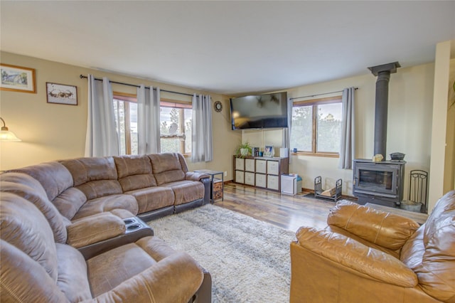 living area with a wealth of natural light, a wood stove, and wood finished floors