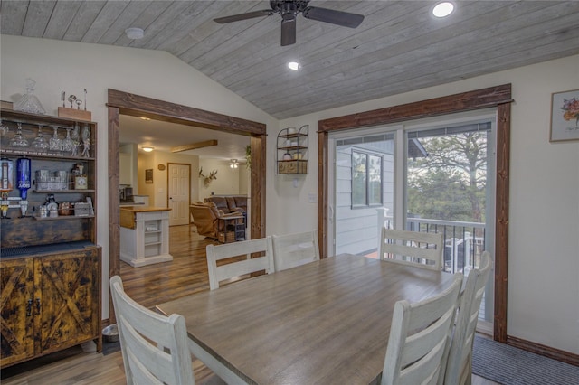 dining space with wooden ceiling, ceiling fan, recessed lighting, wood finished floors, and vaulted ceiling
