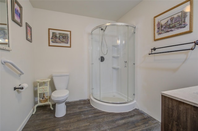 bathroom featuring toilet, a stall shower, wood finished floors, and vanity