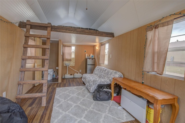 living area featuring wooden walls and wood finished floors