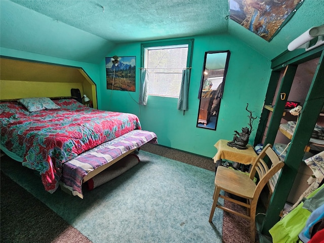 64 Ponderosa Ln, Thompson Falls, MT 59873 - carpeted bedroom with lofted ceiling and a textured ceiling